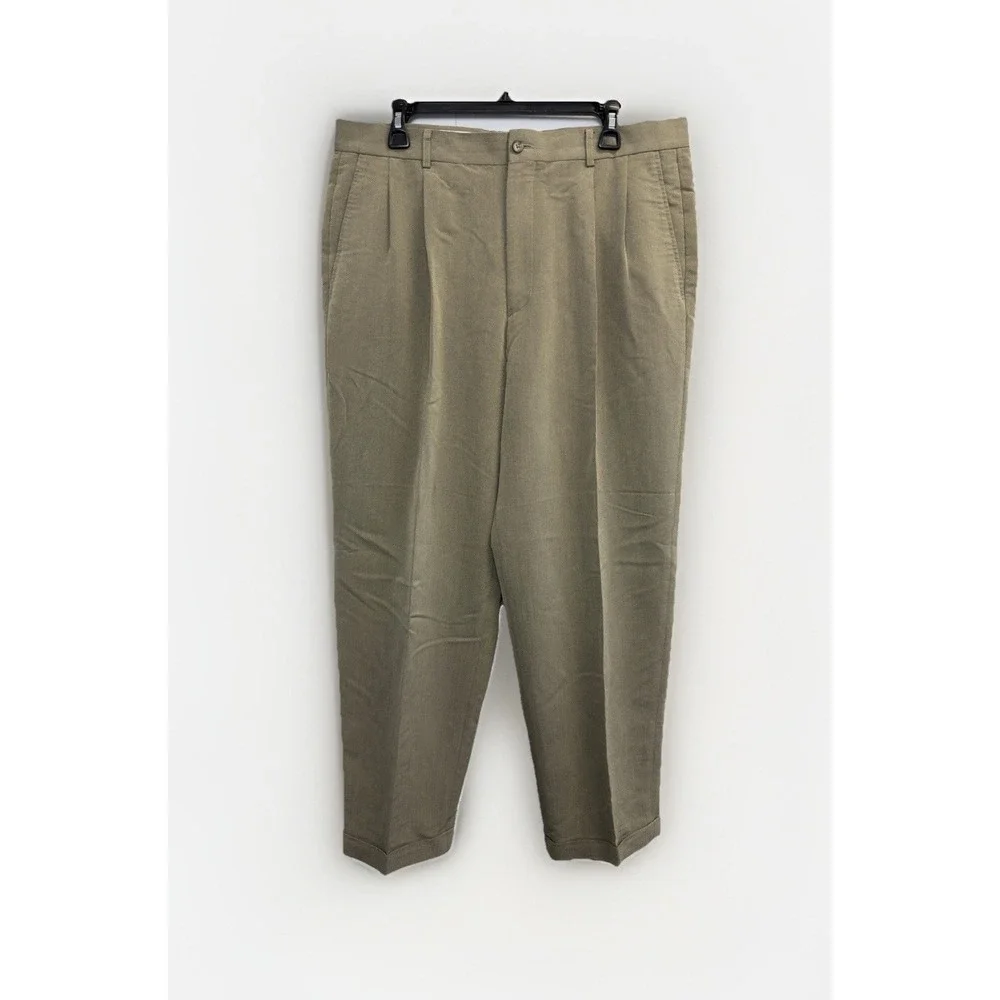 Claiborne Pleated Pants Mens 36X30 Taupe Herringbone Slacks Trousers‎ Cuffed